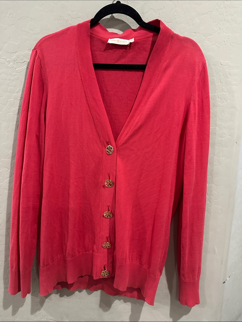 Tory Burch Coral Pink V-Neck Button Cardigan